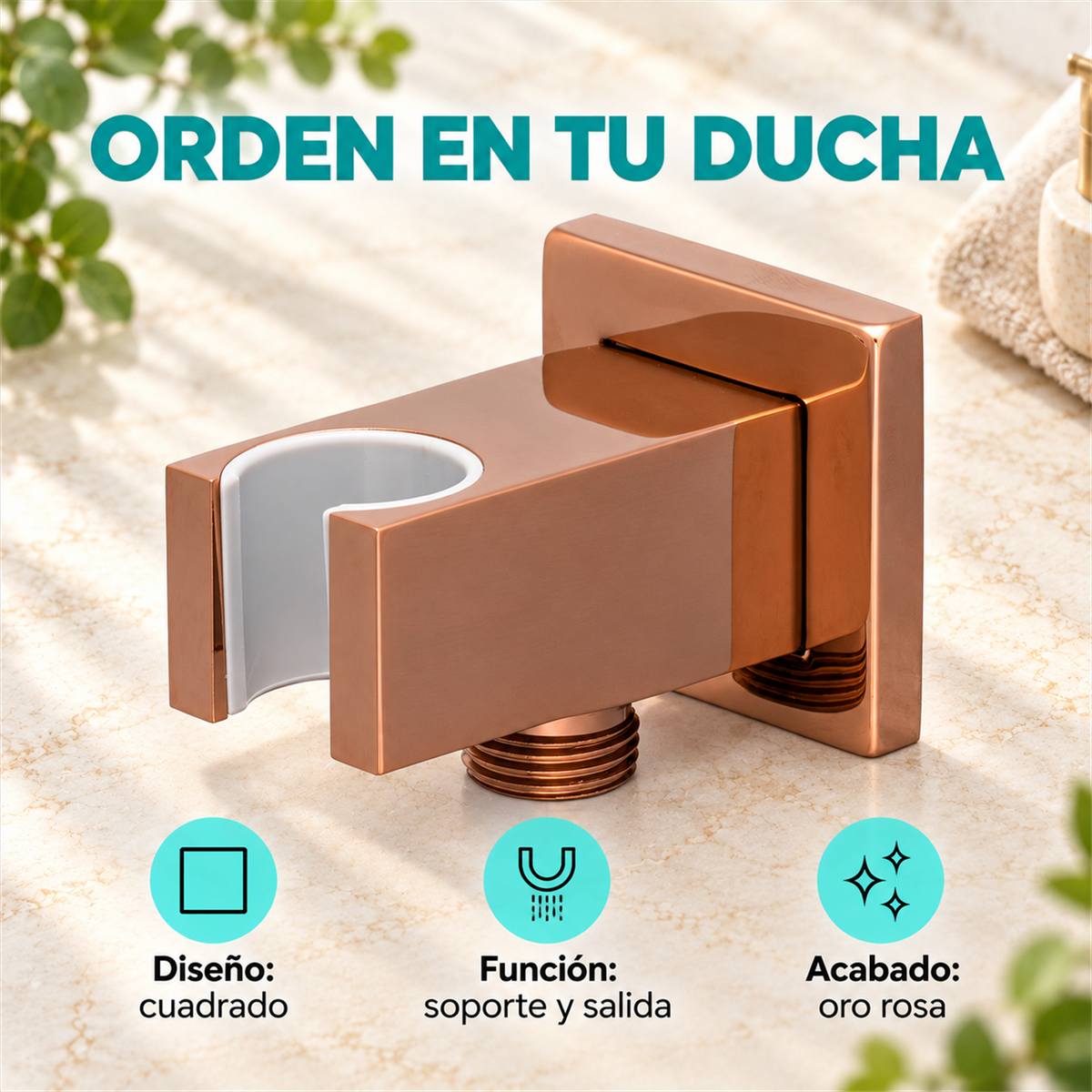 Soporte Cuadrado Para Teleducha Con Salida Oro Rosa - Características del producto