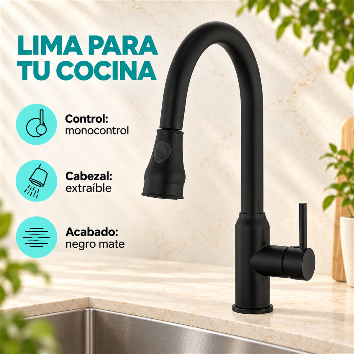 Grifería Monocontrol Lima Extraíble Para Lavaplatos Negra - Características del producto