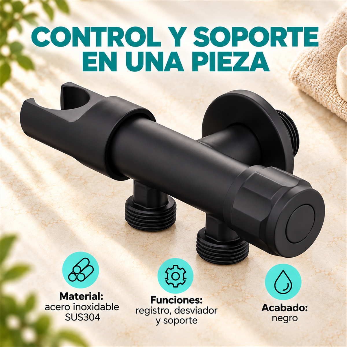 Registro Desviador Con Soporte Negro En Acero Inoxidable SUS304 - Características del producto