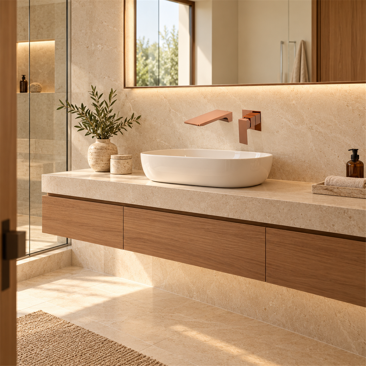 Grifería Monocontrol De Pared Para Lavamanos Cascade Oro Rosa - Ambientación amplia con escala natural