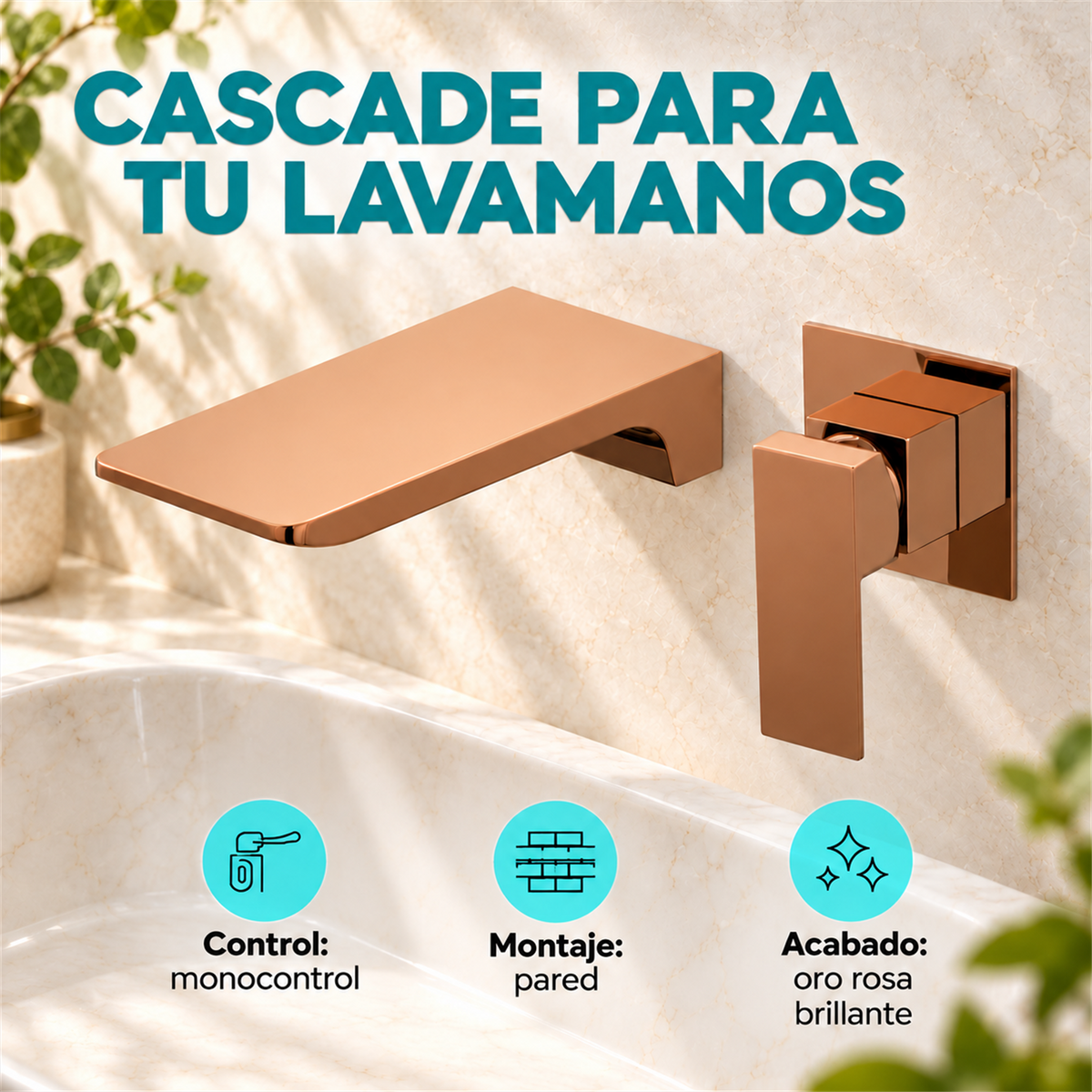 Grifería Monocontrol De Pared Para Lavamanos Cascade Oro Rosa - Características del producto