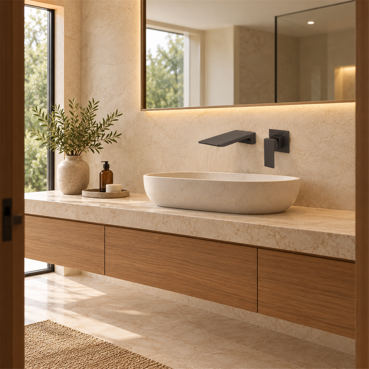 Grifería Monocontrol De Pared Para Lavamanos Cascade Gris Cepillada - Ambientación amplia con escala natural