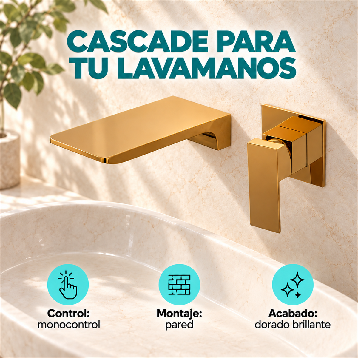 Grifería Monocontrol De Pared Para Lavamanos Cascade Dorada - Características del producto