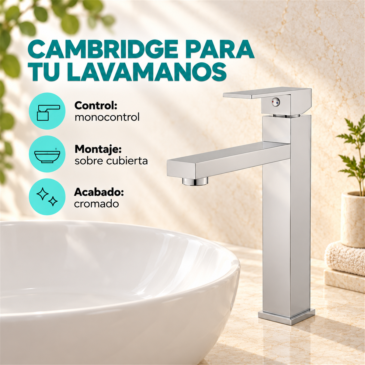 Grifería Monocontrol Alta Para Lavamanos Cambridge Cromada - Características del producto