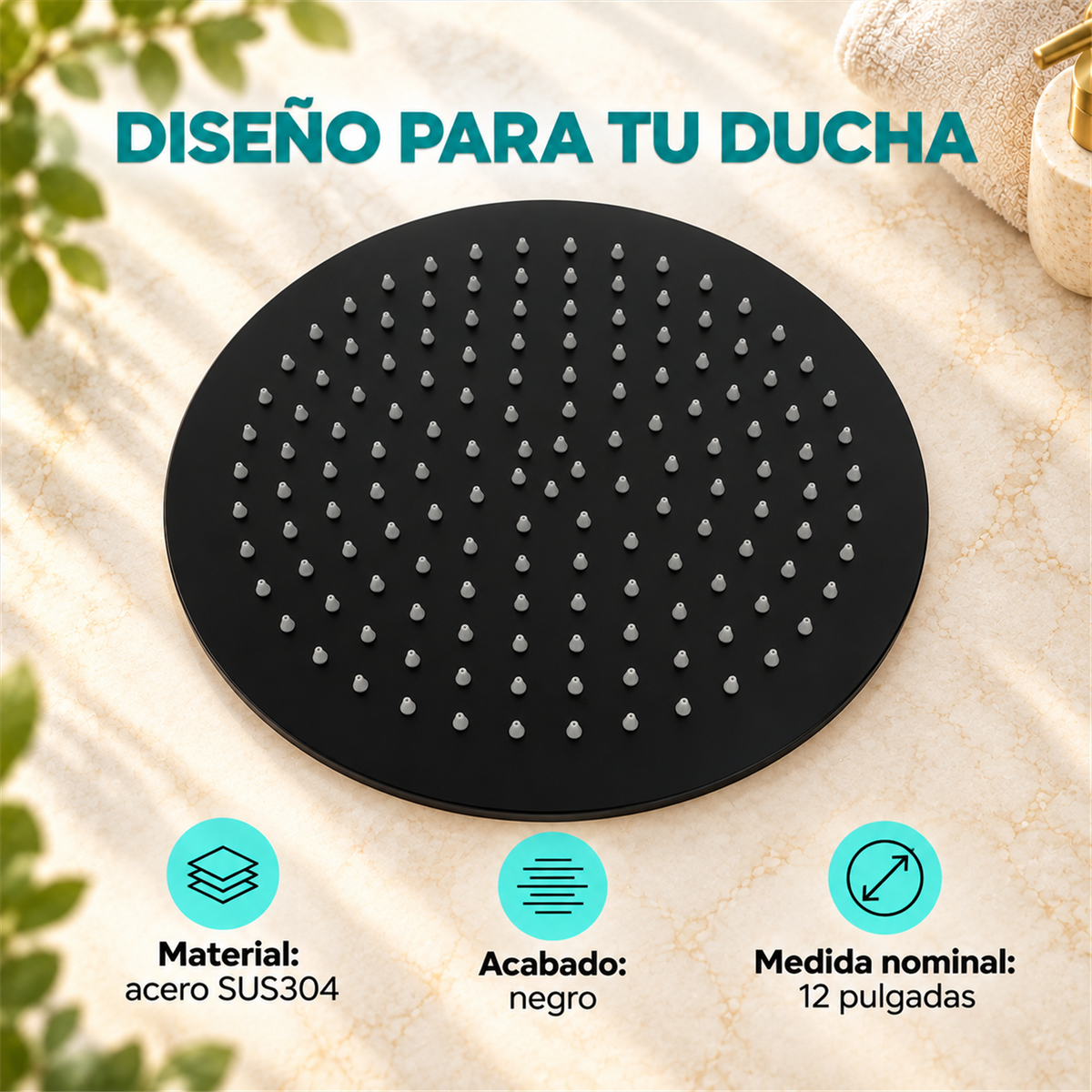 Regadera Redonda Negra En Acero Inoxidable 304 12 Pulgadas - Características del producto