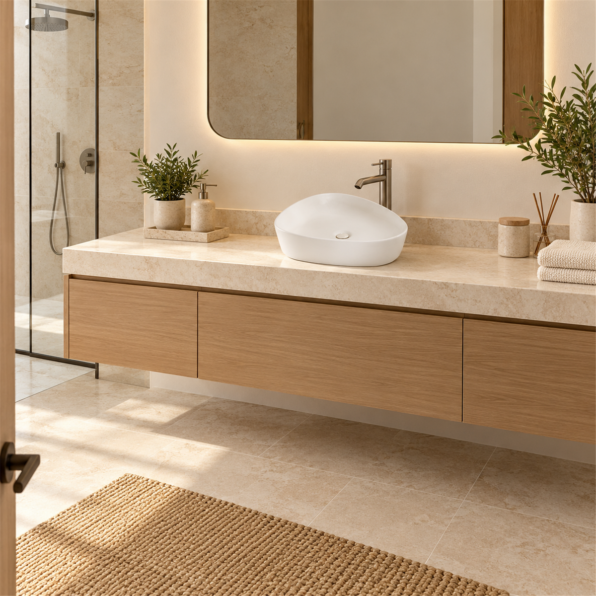 Lavamanos De Sobreponer Triangular Blanco 50 × 42 cm - Ambientación amplia con escala natural