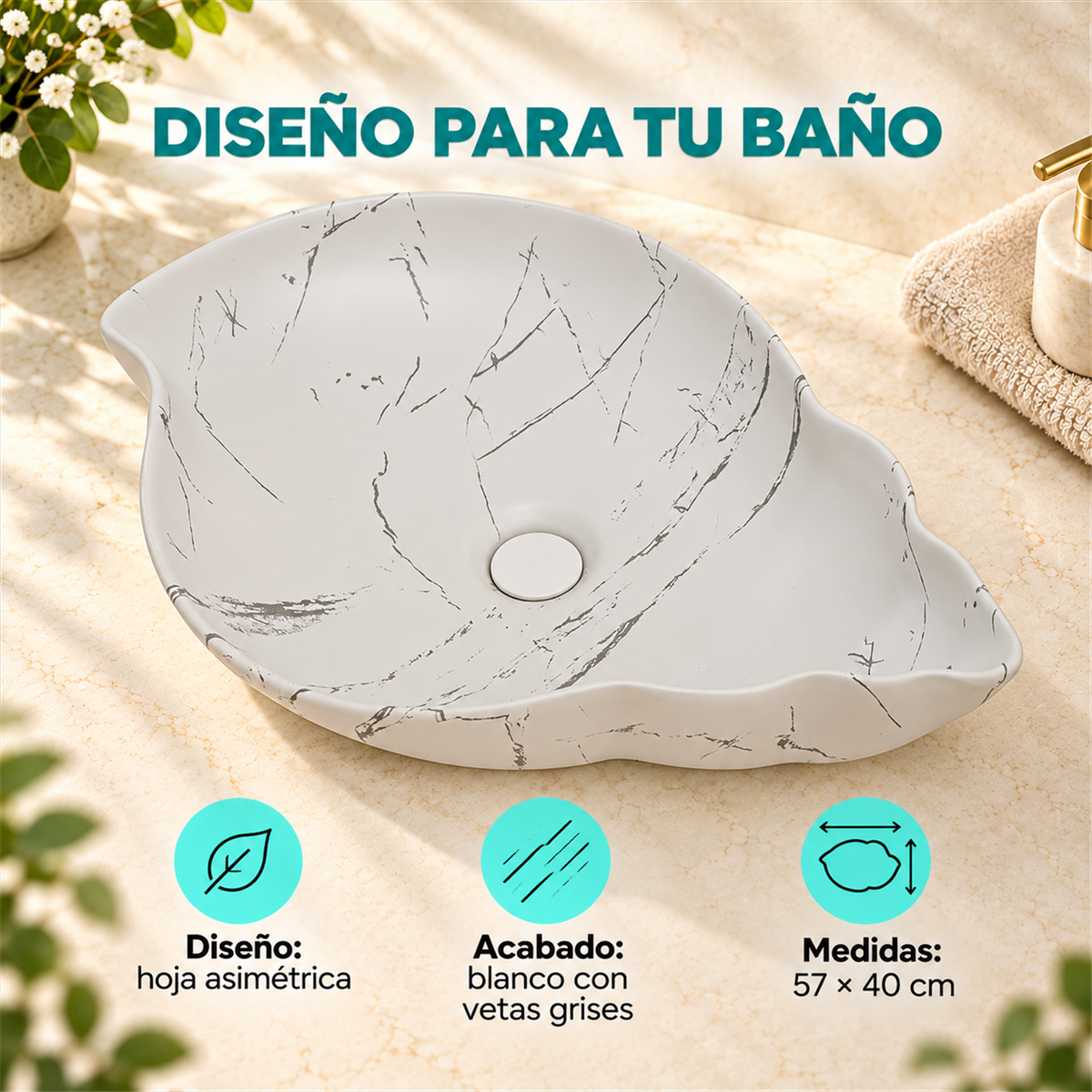 Lavamanos Hoja Calacata Blanco 57 × 40 cm - Características del producto