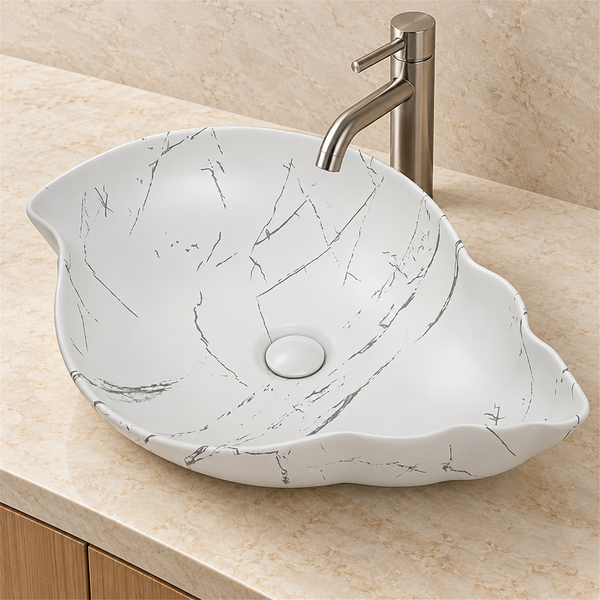Lavamanos Hoja Calacata Blanco 57 × 40 cm - Vista cercana del producto