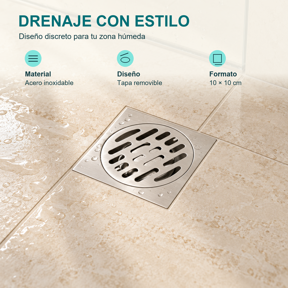 Características de la rejilla de piso: acero inoxidable, tapa removible y placa de 10 por 10 cm