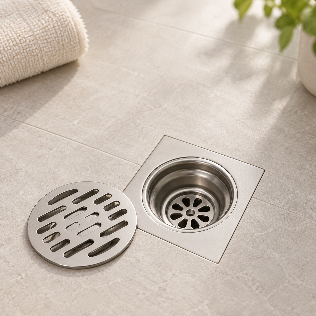 Rejilla de piso instalada con su tapa circular retirada y apoyada al lado para mostrar el interior