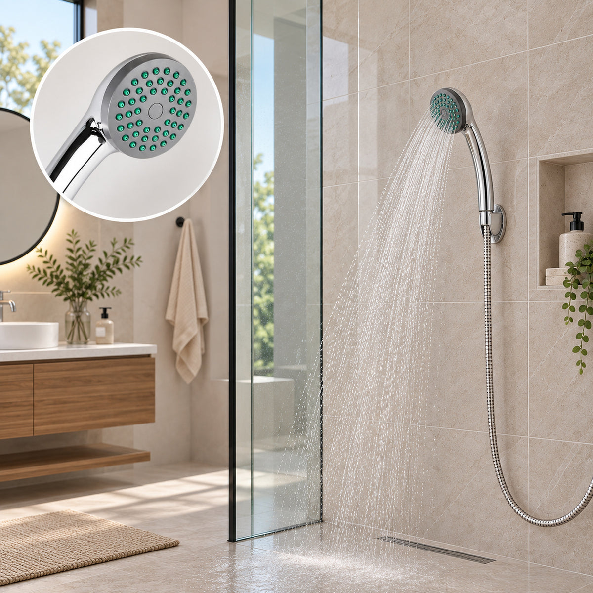 Teleducha redonda cromada 1184-01 en baño completo con agua natural y detalle del producto