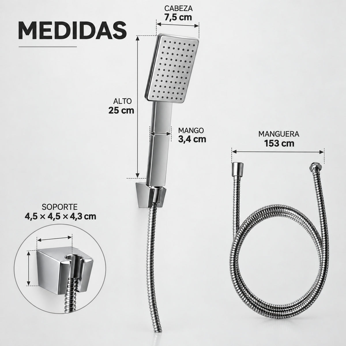 Medidas de teleducha cuadrada: 25 cm de alto, cabeza de 7,5 cm, mango de 3,4 cm y manguera de 153 cm