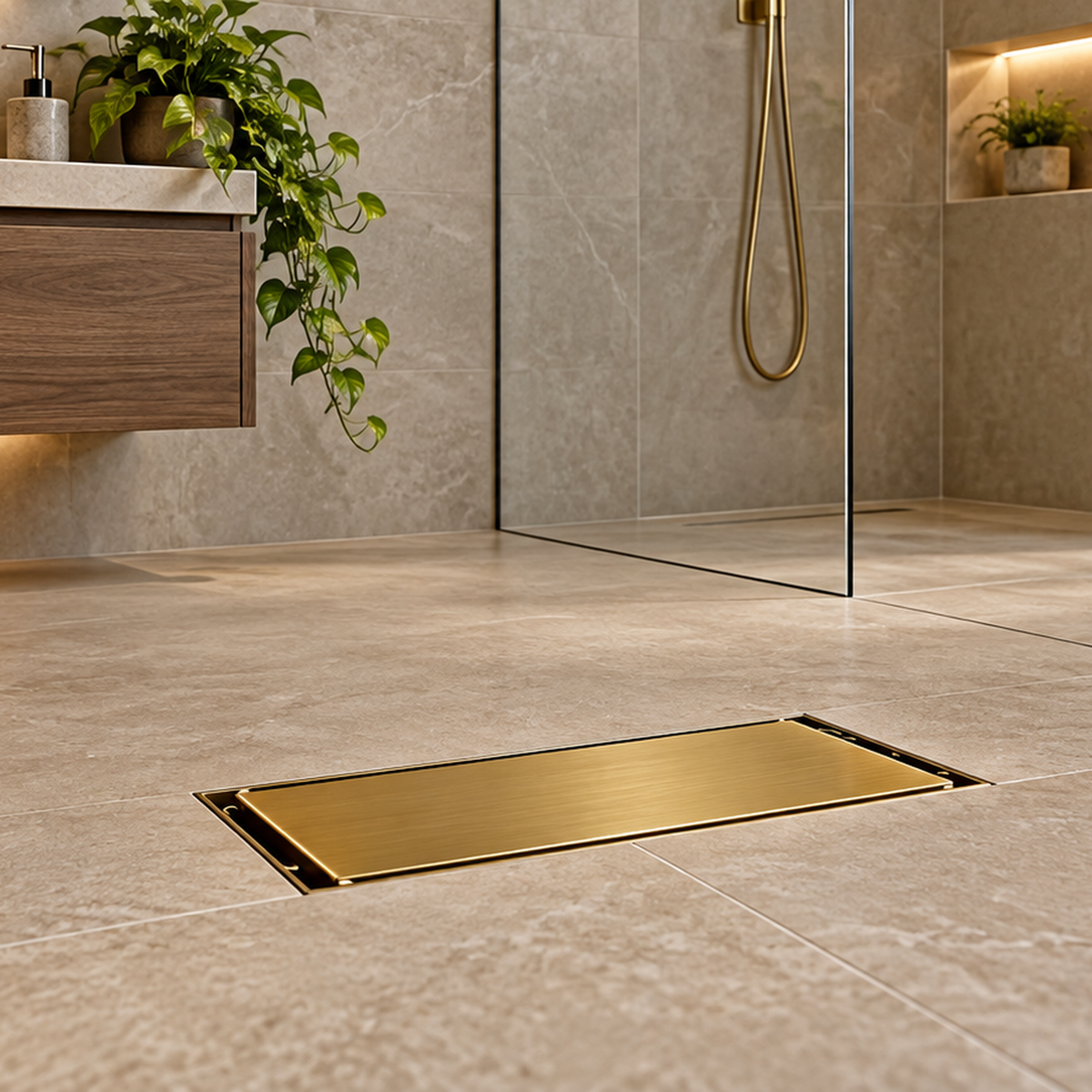 Rejilla Lineal Invisible Oro Cepillado Para Piso 20 X 10 Cm en ambiente de baño