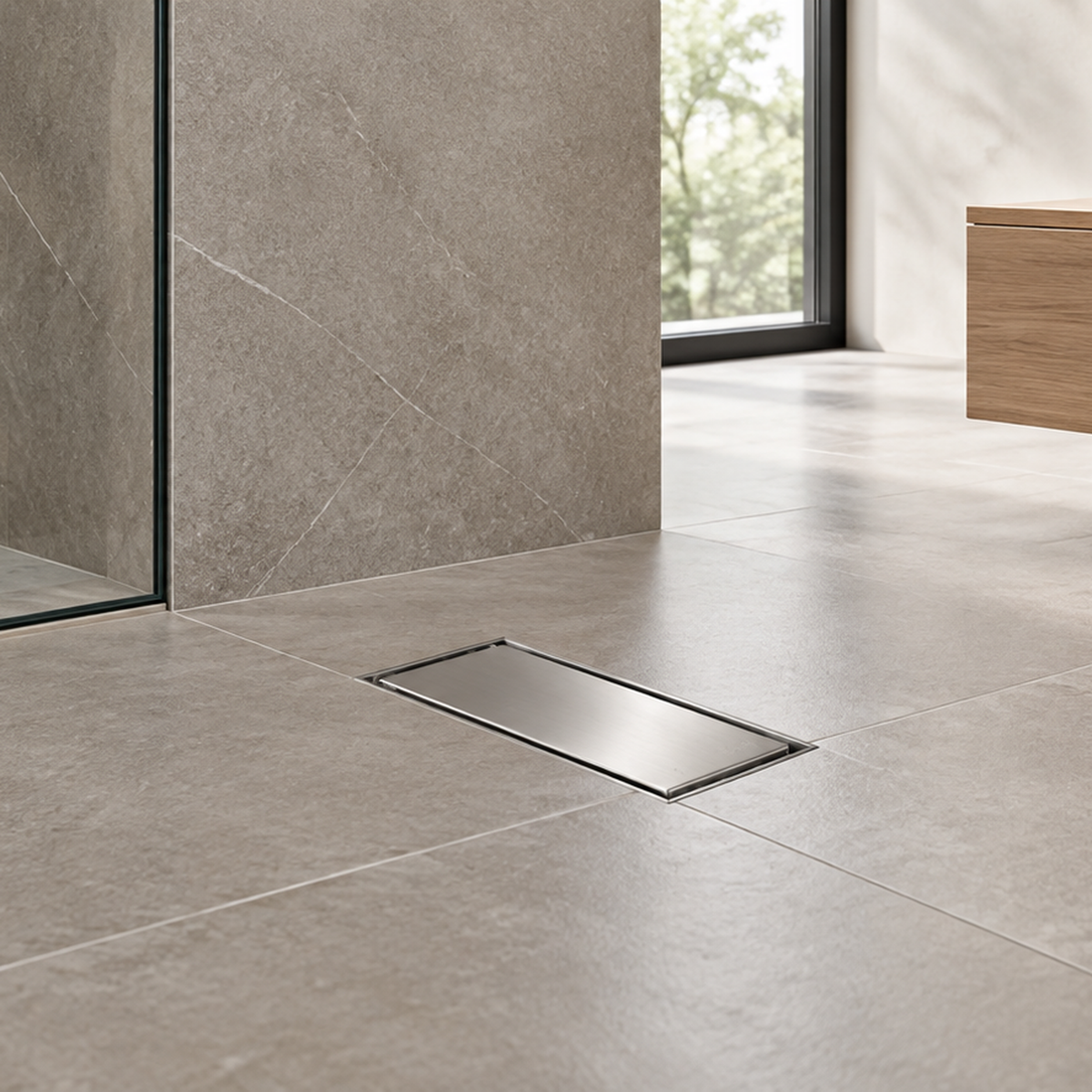 Rejilla Lineal Invisible Satinada En Acero Inoxidable Para Piso 20 X 10 Cm en ambiente de baño
