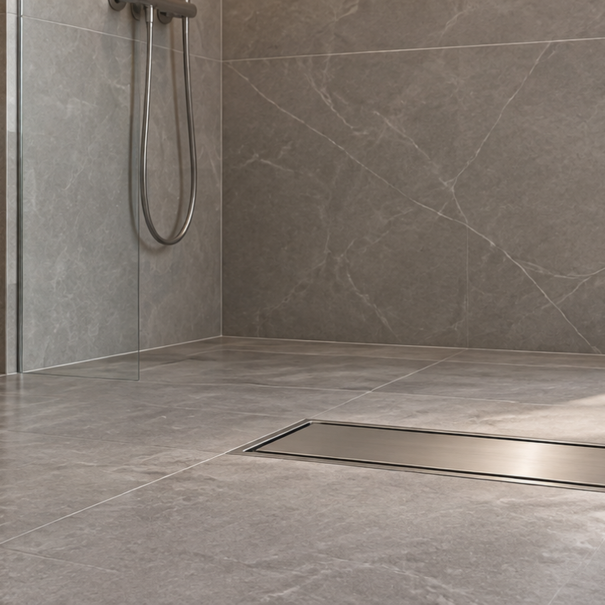 Rejilla Lineal Invisible Satinada En Acero Inoxidable Para Piso 30 X 10 Cm en ambiente de baño