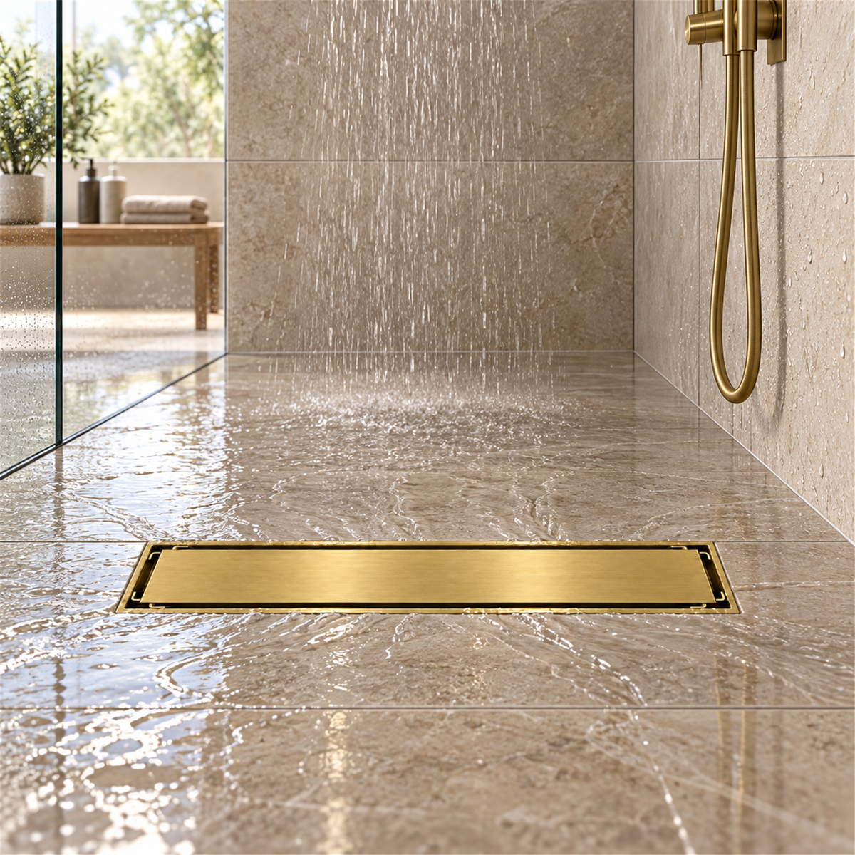 Rejilla invisible Oro cepillado instalada en ducha