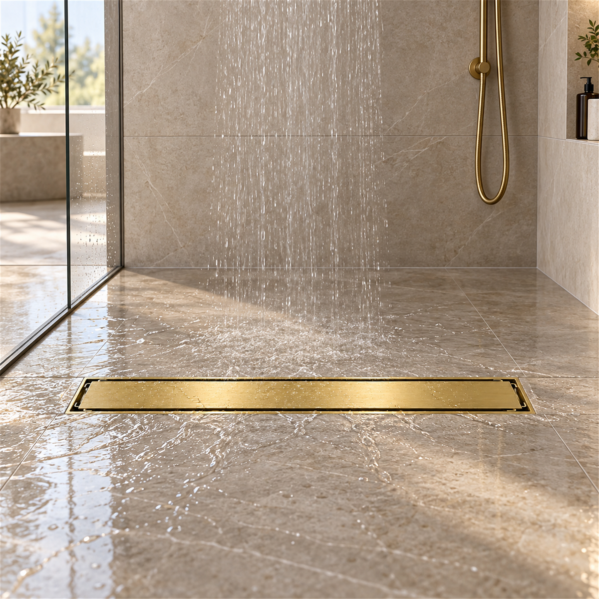 Rejilla invisible Oro cepillado instalada en ducha