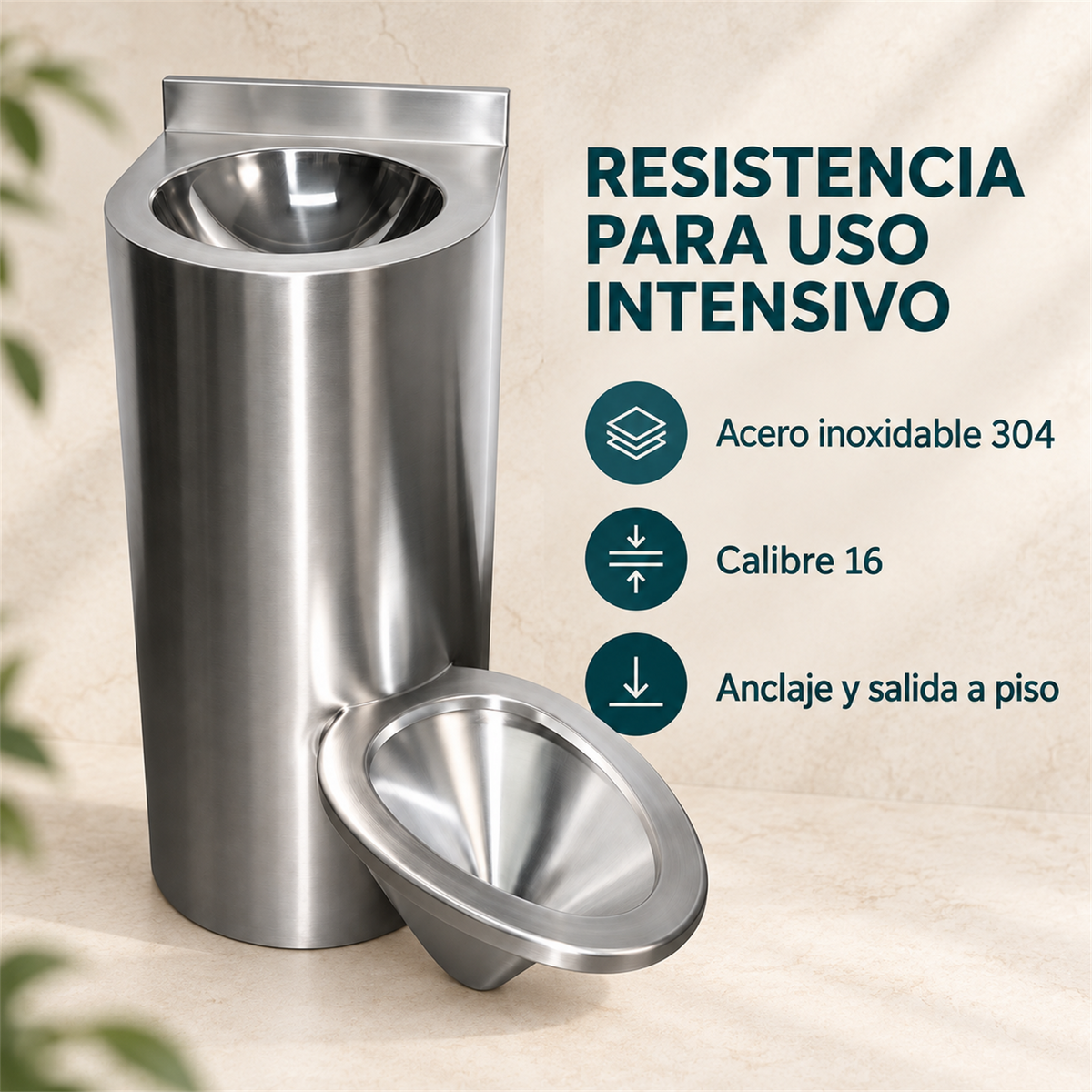 Sanitario antivandálico con lavamanos en acero inoxidable 304, calibre 16, para anclaje y salida a piso