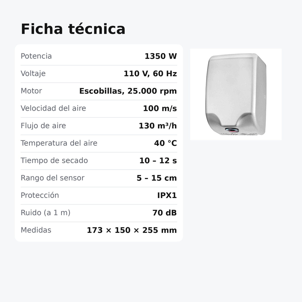Ficha técnica del secador de manos Mini Tornado Plus
