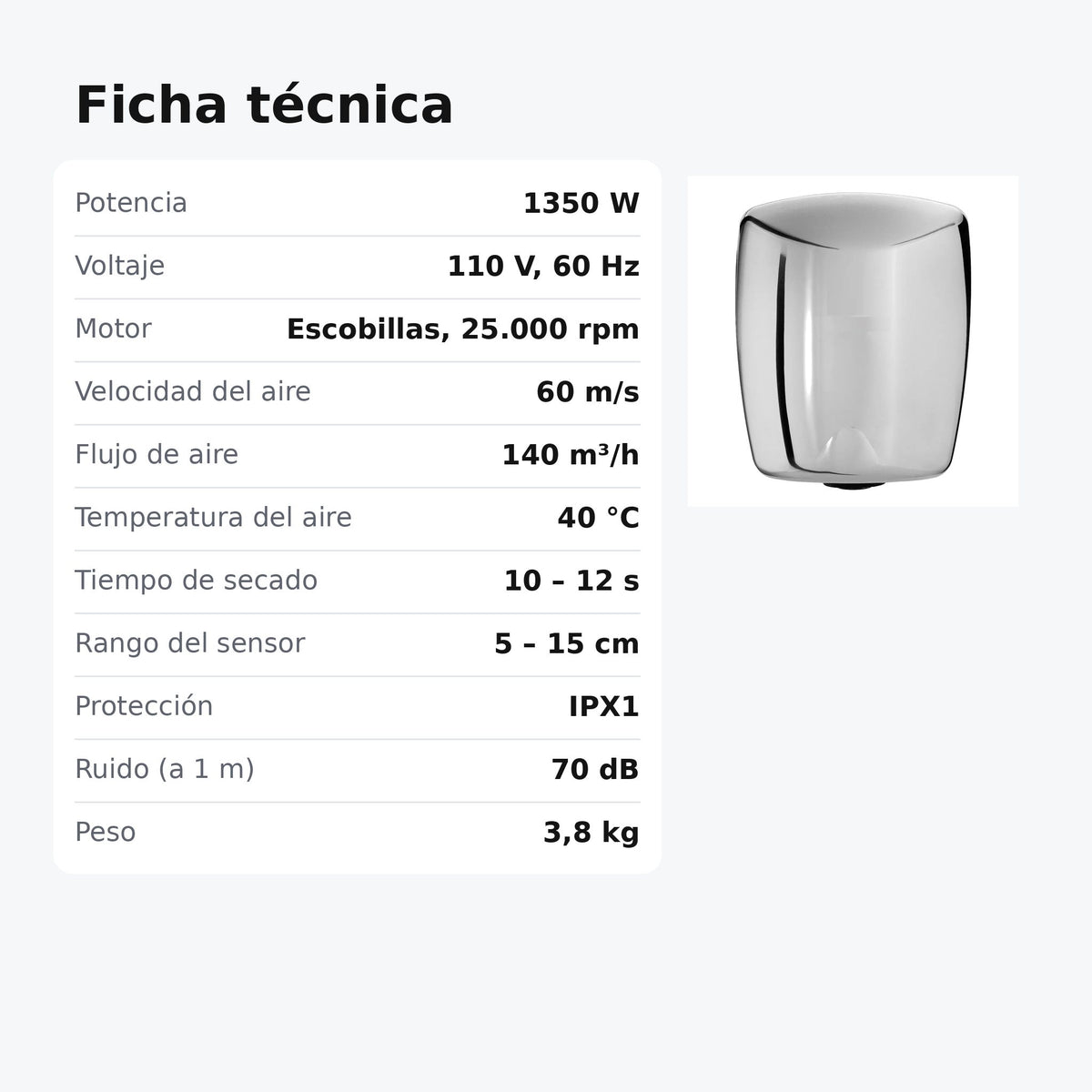 Ficha técnica del secador de manos Tornado mediano de 1350 W