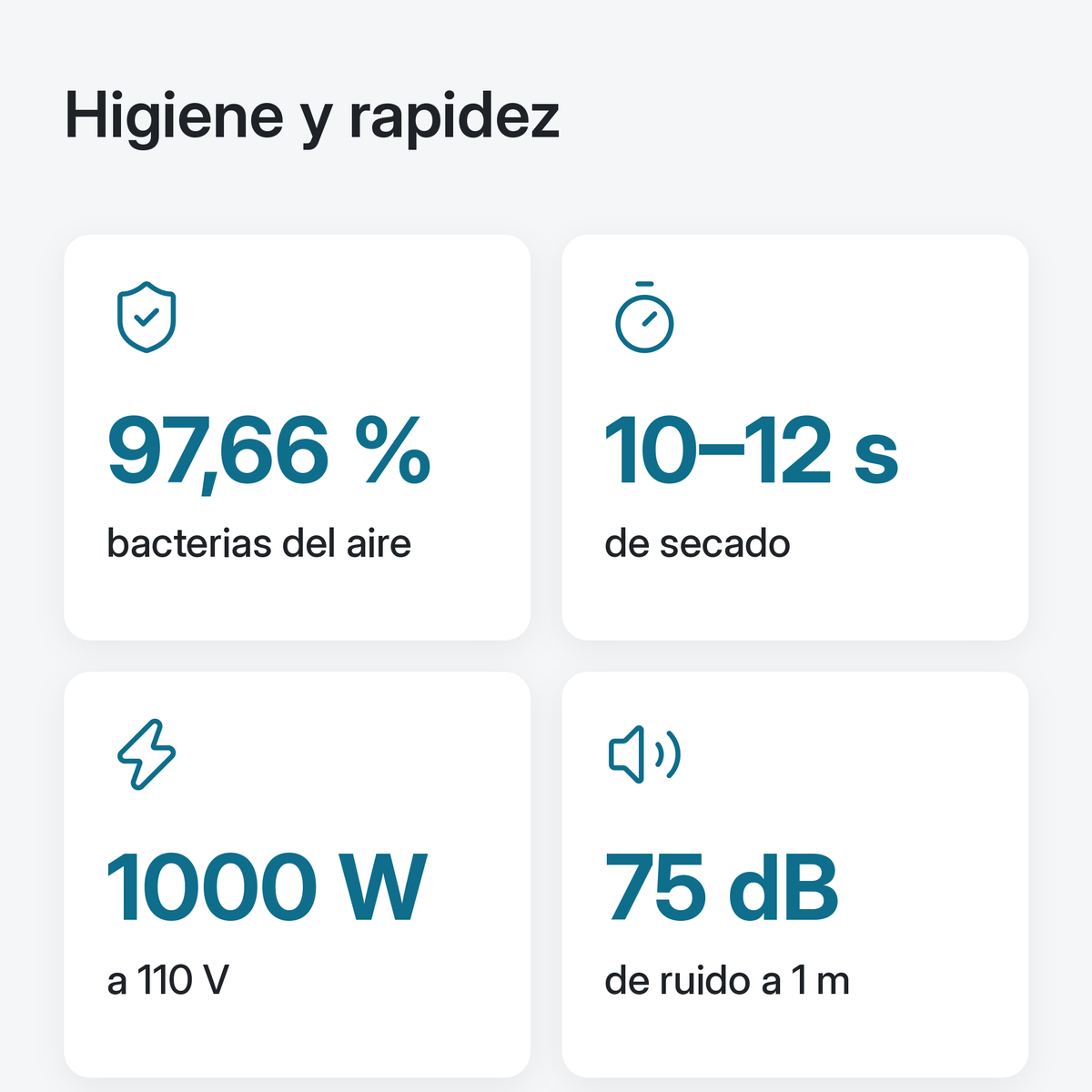 Beneficios: elimina hasta 97,66 % de bacterias del aire, secado en 10 a 12 segundos, 1000 W a 110 V, 75 dB a 1 metro