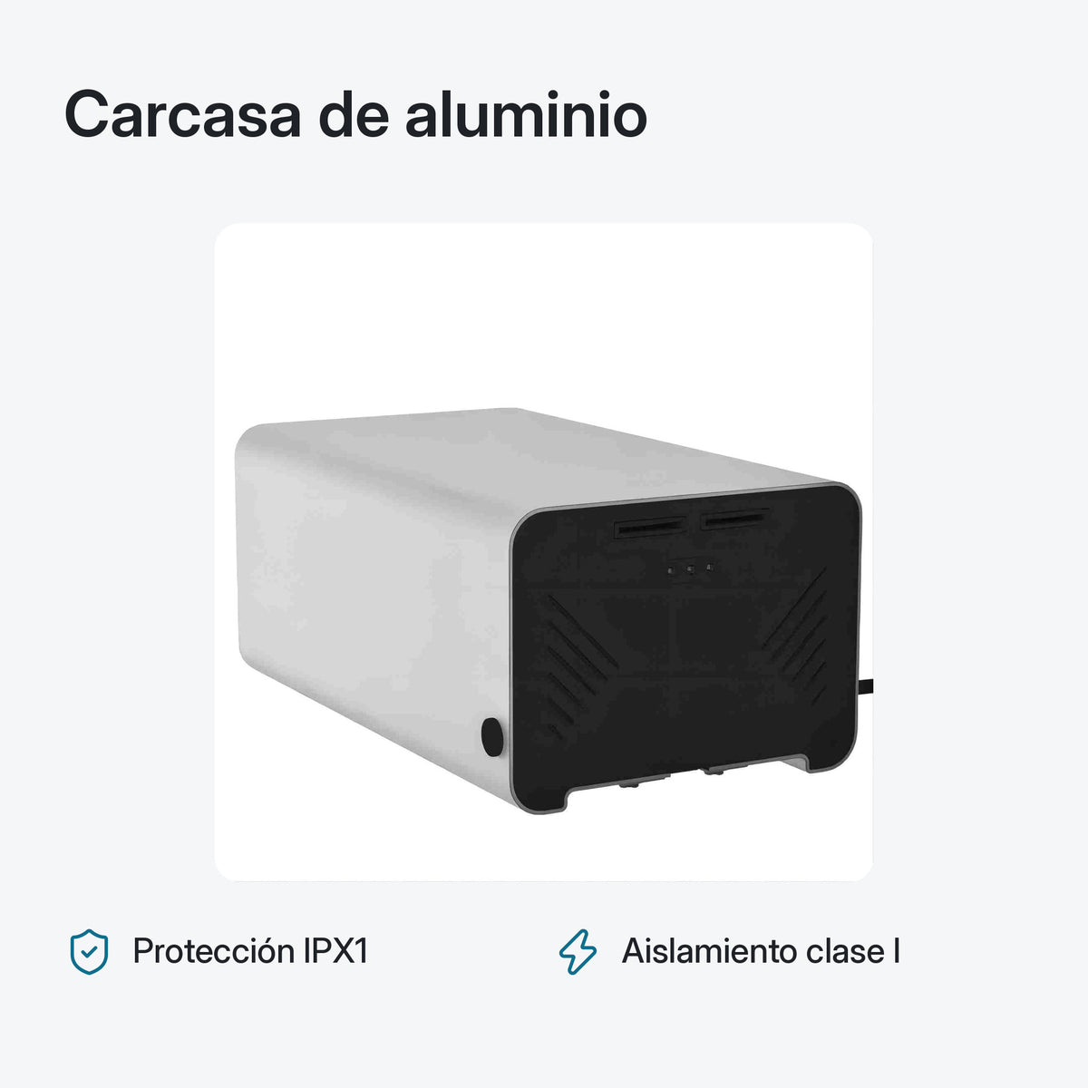 Carcasa de aluminio del secador de manos, vista posterior, protección IPX1 y aislamiento clase I