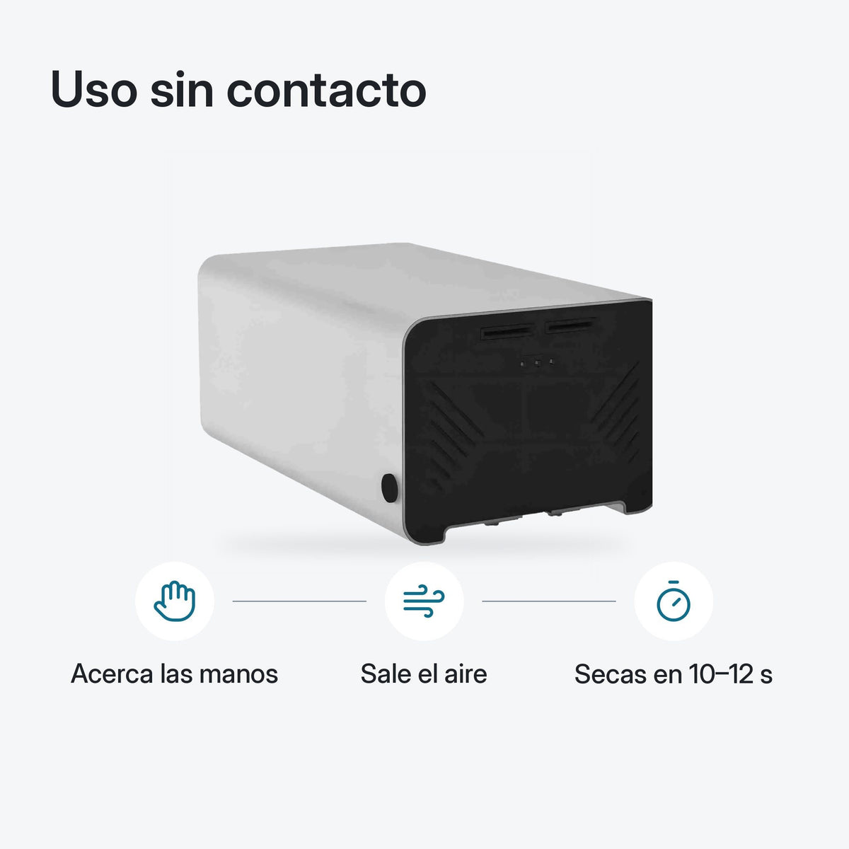 Uso sin contacto del secador de manos en aluminio plateado con panel negro: acerca las manos, sale el aire y secas en 10 a 12 segundos