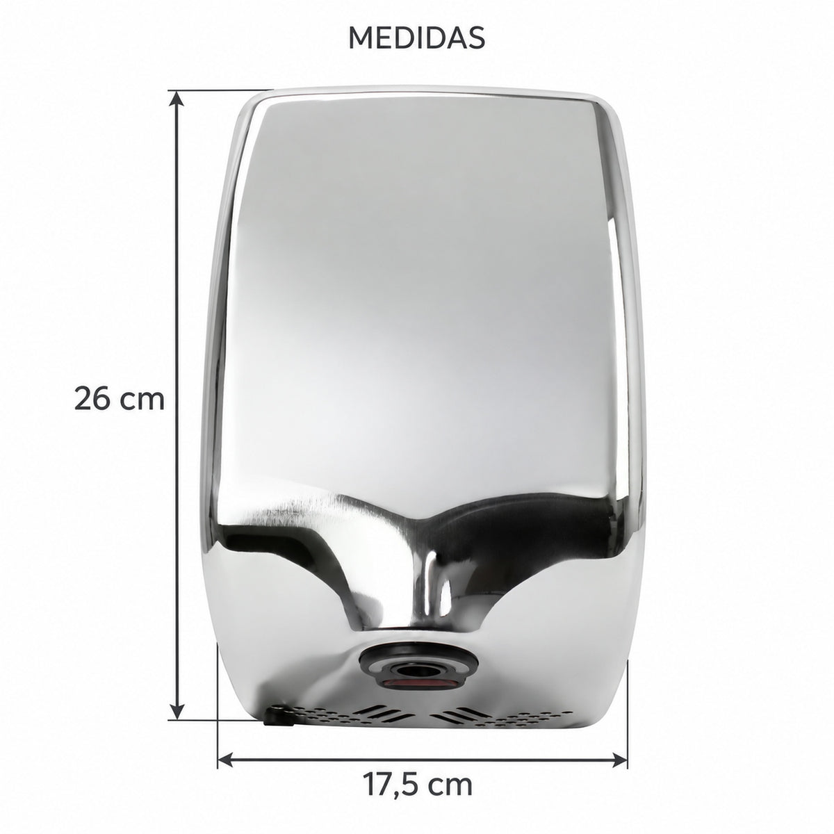 Medidas del secador automático cromado: alto de 26 cm y ancho de 17,5 cm