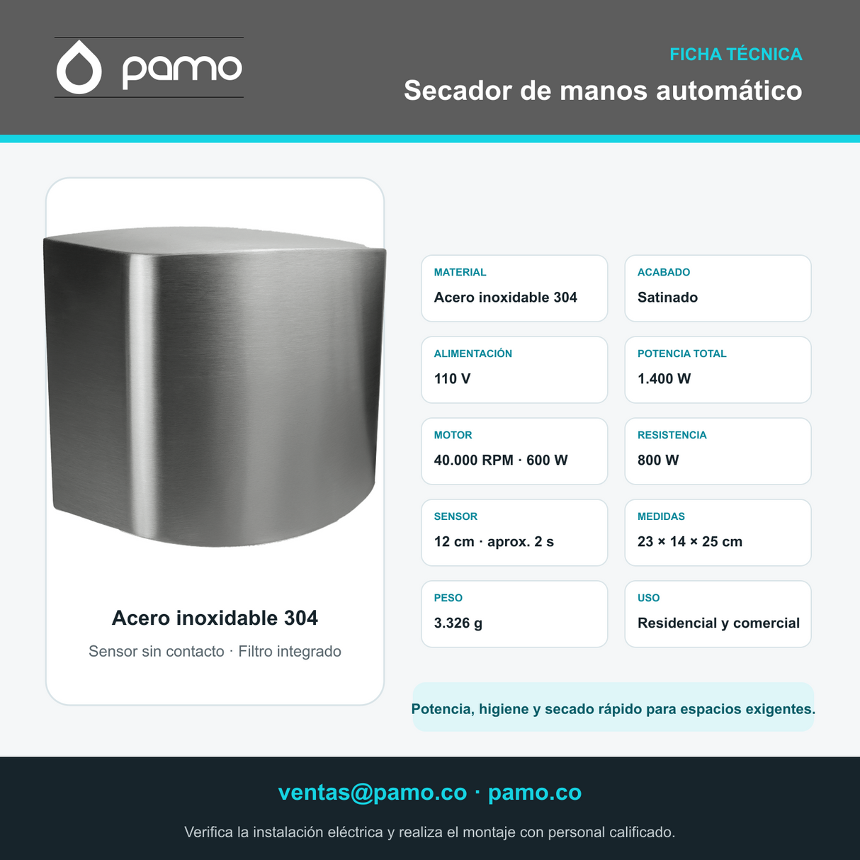 Ficha técnica Pamo del secador de manos con especificaciones, correo y página web