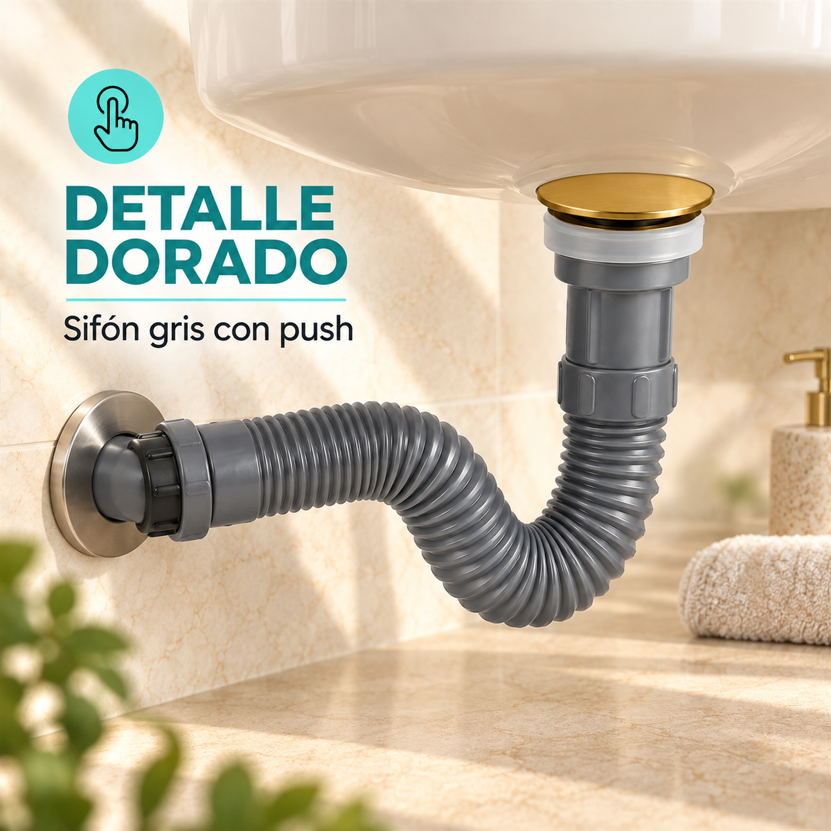 Sifón Integrado Gris Con Push Dorado - vista 3