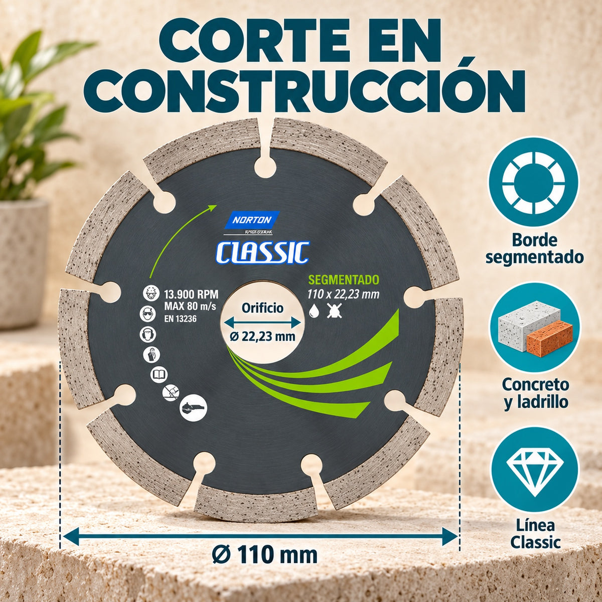 Disco Diamantado Classic Segmentado De 110 Mm — características y compatibilidad