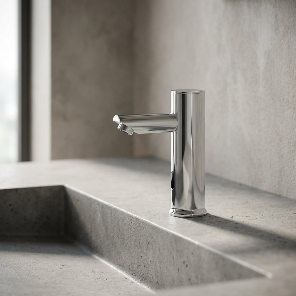 Realistic side view of a tiny chrome sensor faucet on a contemporary vanity, emphasizing its intricate sensor and sleek finish.