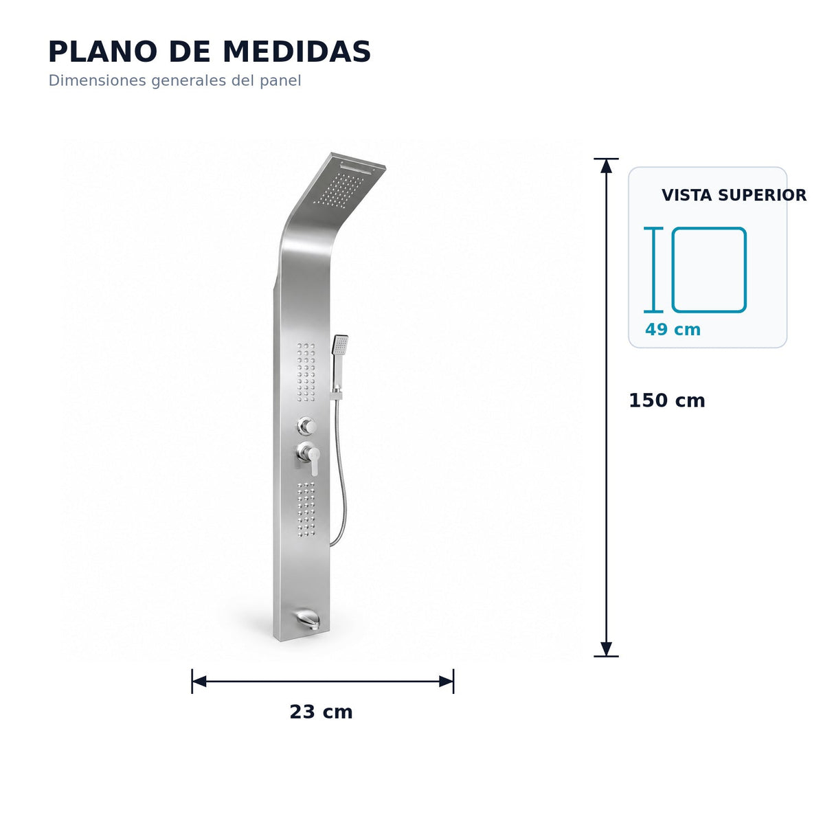 Plano de medidas de torre de ducha: alto 150 cm, ancho 23 cm y proyección 49 cm