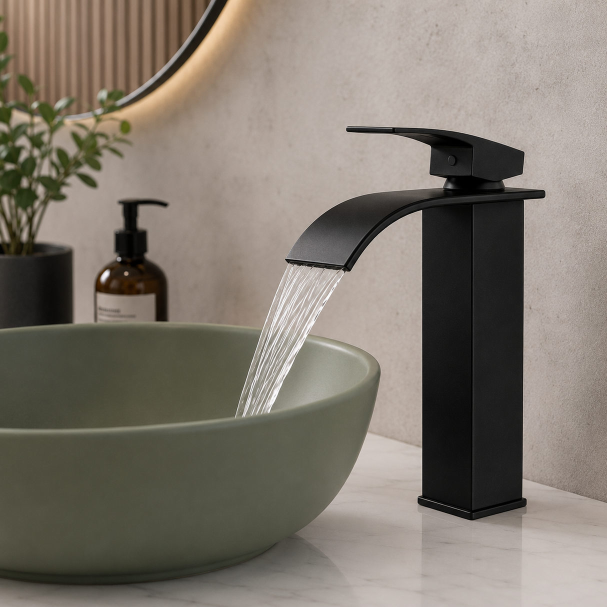 Ambientación premium corregida de grifería monocontrol cascada negro mate SKU 210B