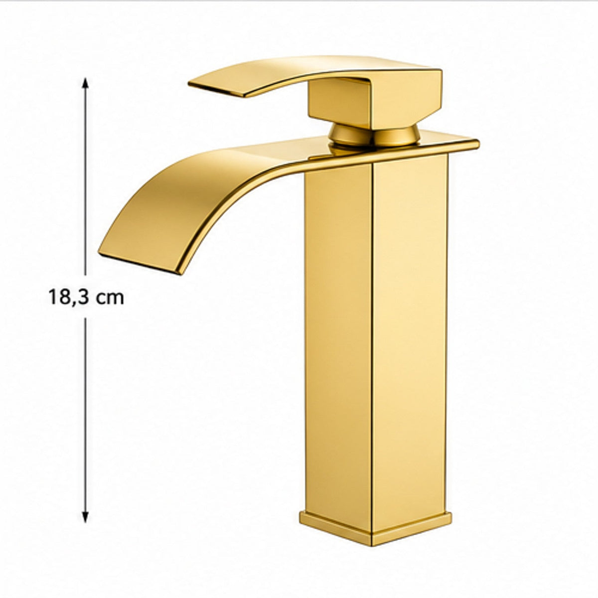 Grifería monocontrol cascada oro brillante SKU 210G altura 18,3 cm