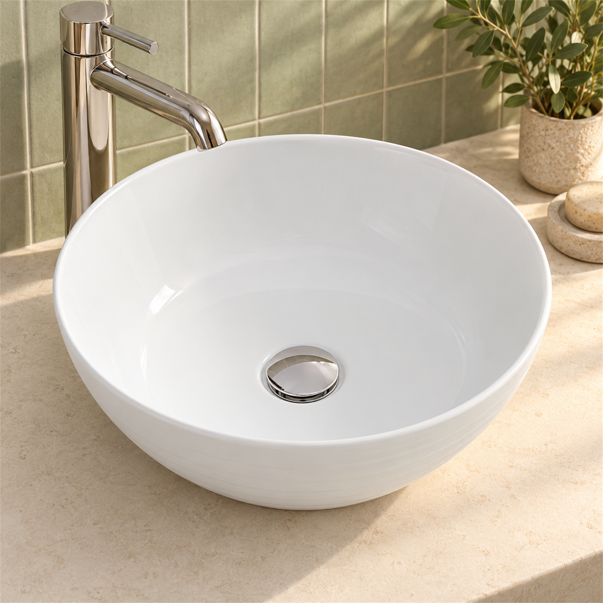 Lavamanos Ranuratto Blanco Esmaltado 36 cm: ambientación cercana. Grifería, desagüe y mueble no incluidos.