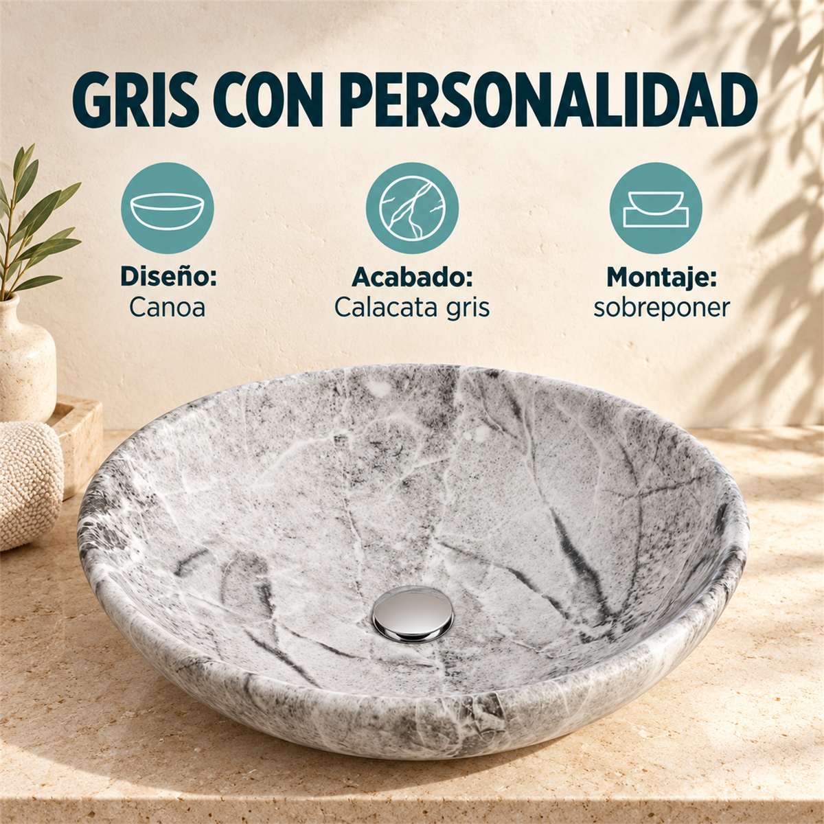 Lavamanos Canoa Calacata Gris 41 × 33 cm: ficha de diseño, acabado y montaje.