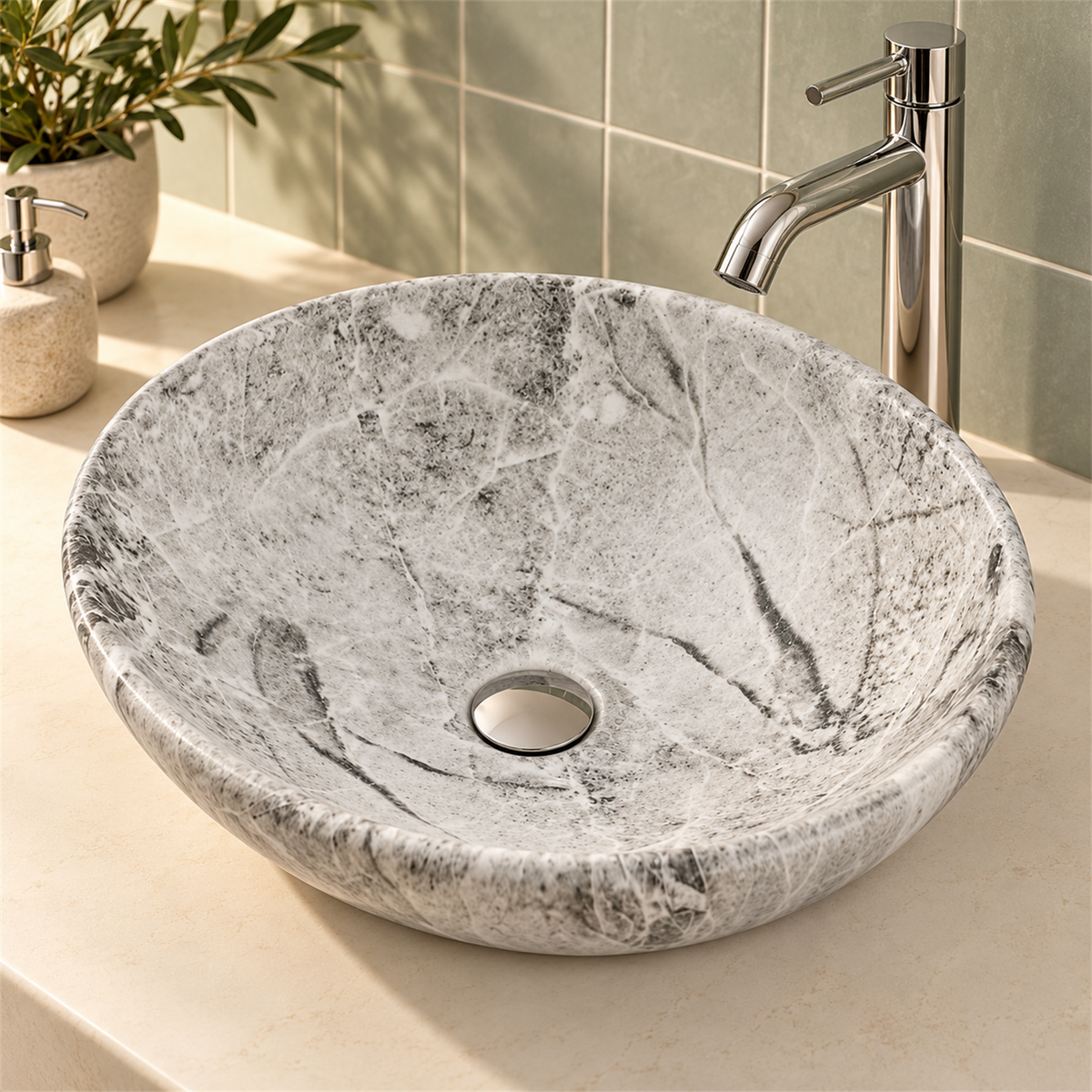Lavamanos Canoa Calacata Gris 41 × 33 cm: ambientación cercana. Accesorios de ambientación no incluidos.
