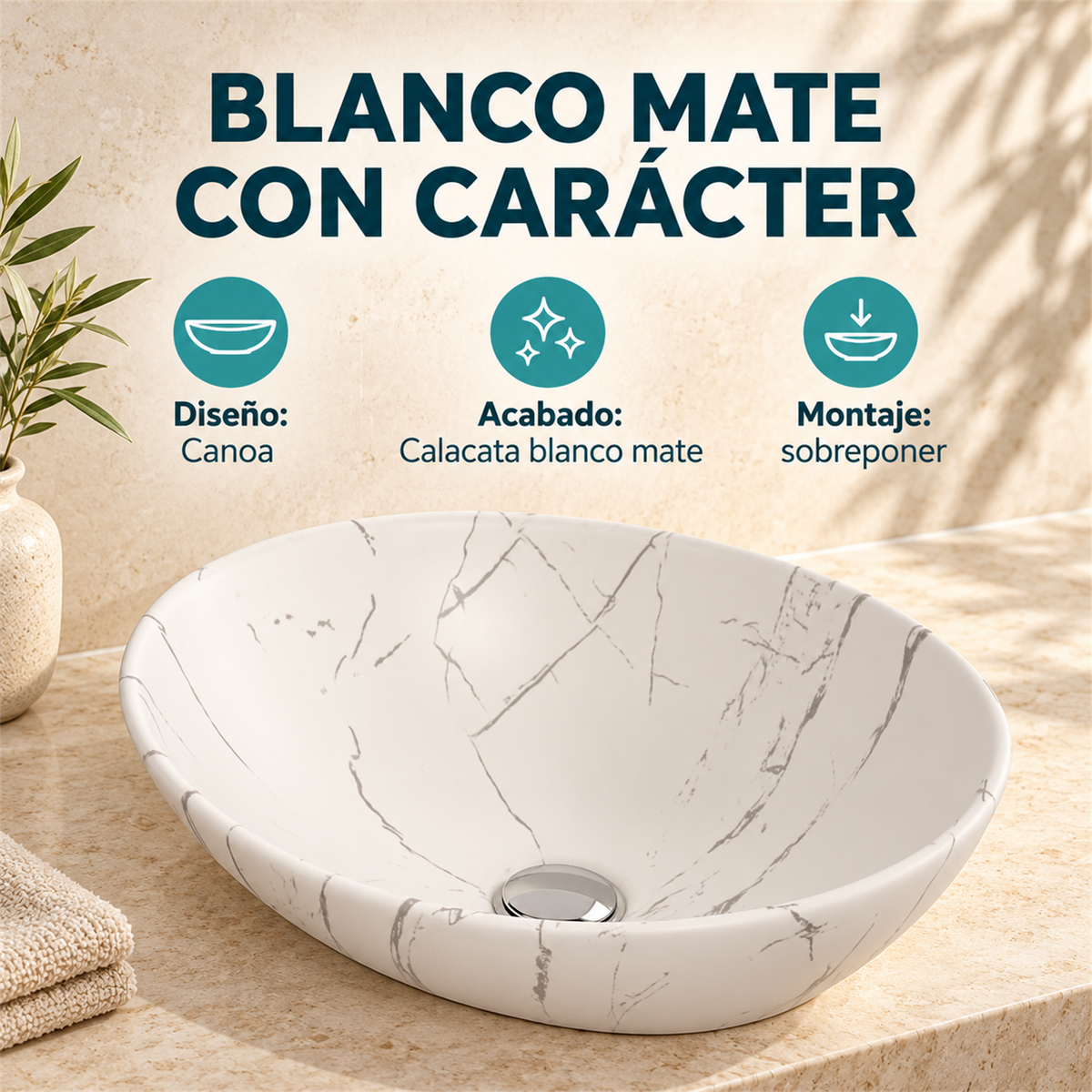 Lavamanos Canoa Calacata Blanco Mate 41 × 33 cm: ficha de diseño, acabado y montaje.