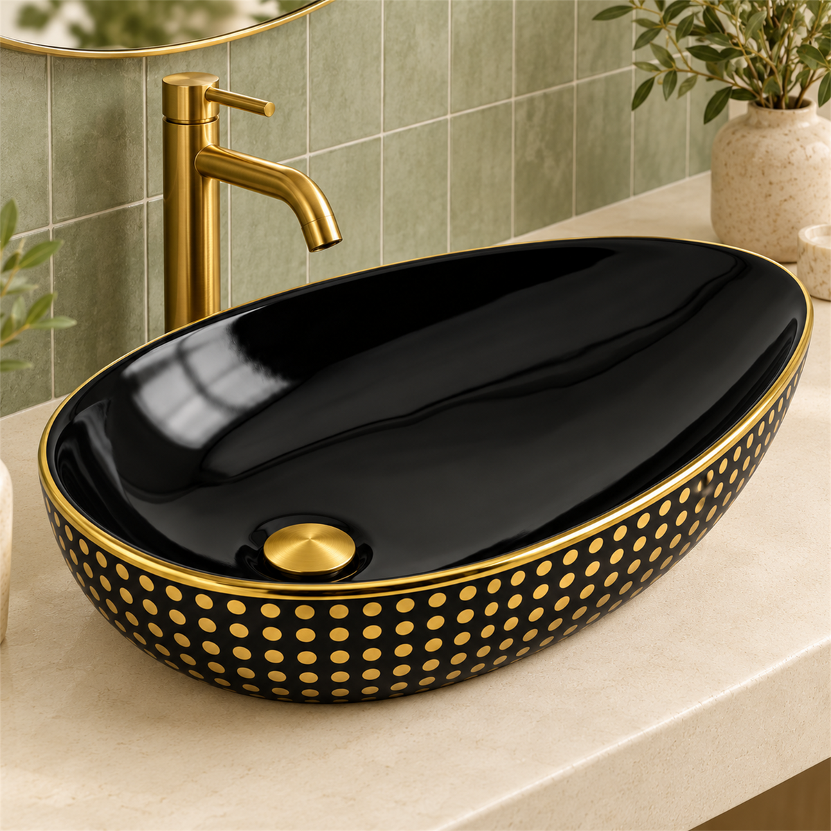 Lavamanos Oztra Negro Y Dorado Brillante: ambientación cercana. Accesorios de ambientación no incluidos.