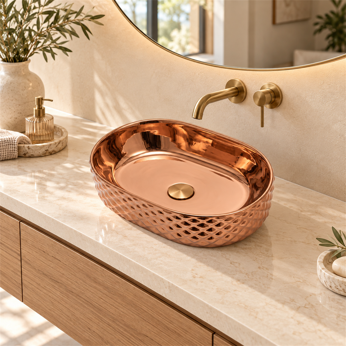 Lavamanos Crystal Rose Gold Brillante 46 × 34 cm: ambientación amplia. Accesorios de ambientación no incluidos.
