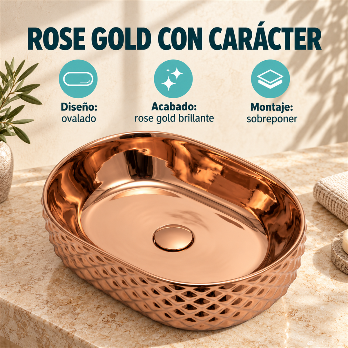 Lavamanos Crystal Rose Gold Brillante 46 × 34 cm: ficha de características. Accesorios de ambientación no incluidos.