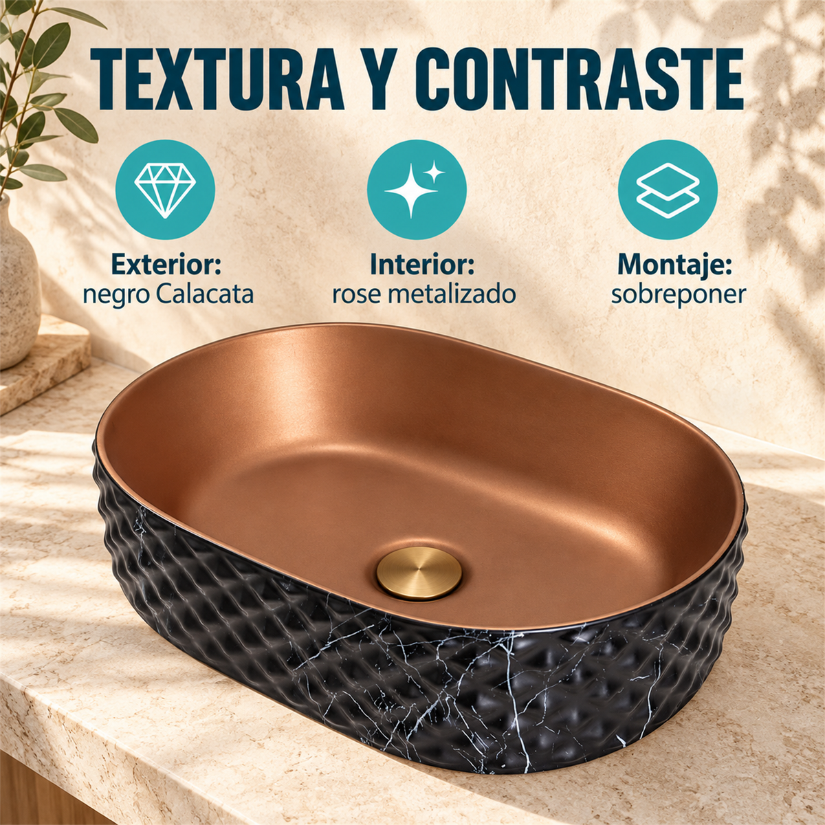 Lavamanos Crystal Negro Calacata Y Rose Metalizado 46 × 34 cm: ficha de características. Accesorios de ambientación no incluidos.