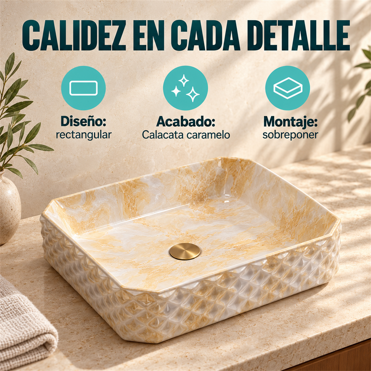 Lavamanos Stella Calacata Caramelo 50 × 37 cm: ficha de características. Accesorios de ambientación no incluidos.