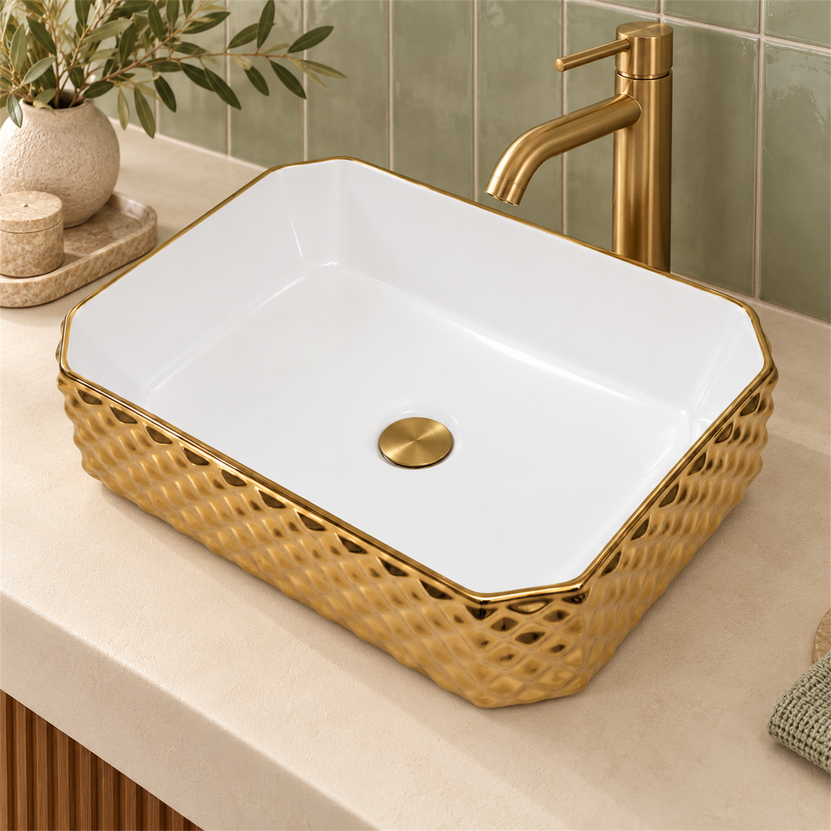 Lavamanos Stella Dorado Y Blanco 50 × 37 cm: cercana.