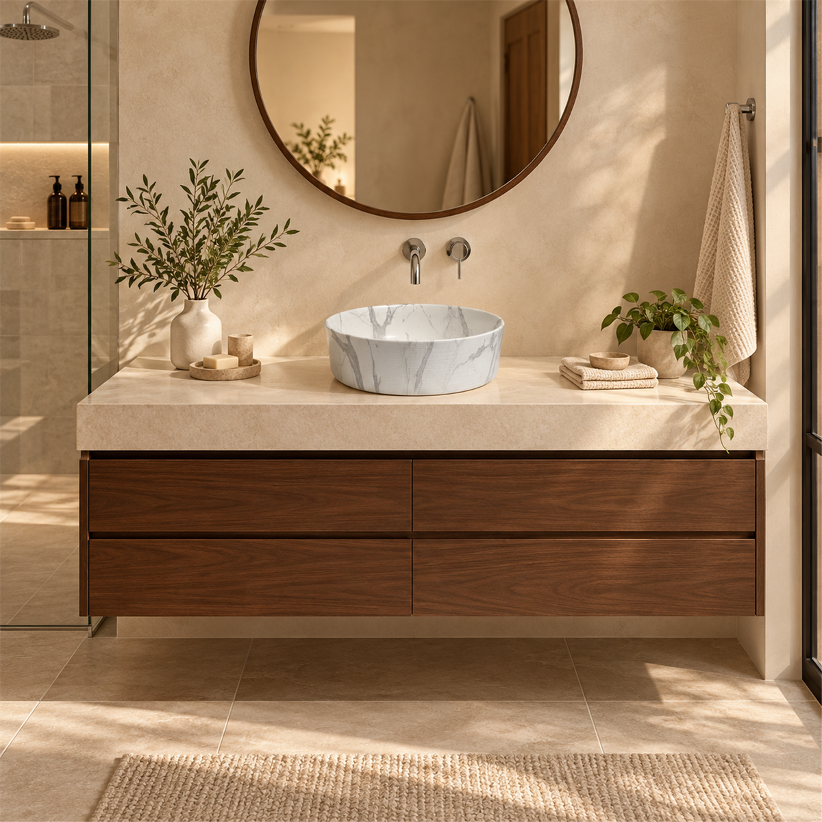 Lavamanos Gemini, Calacata gris, sobreponer: vista amplia del baño. Grifería, desagüe, mueble y decoración no incluidos.
