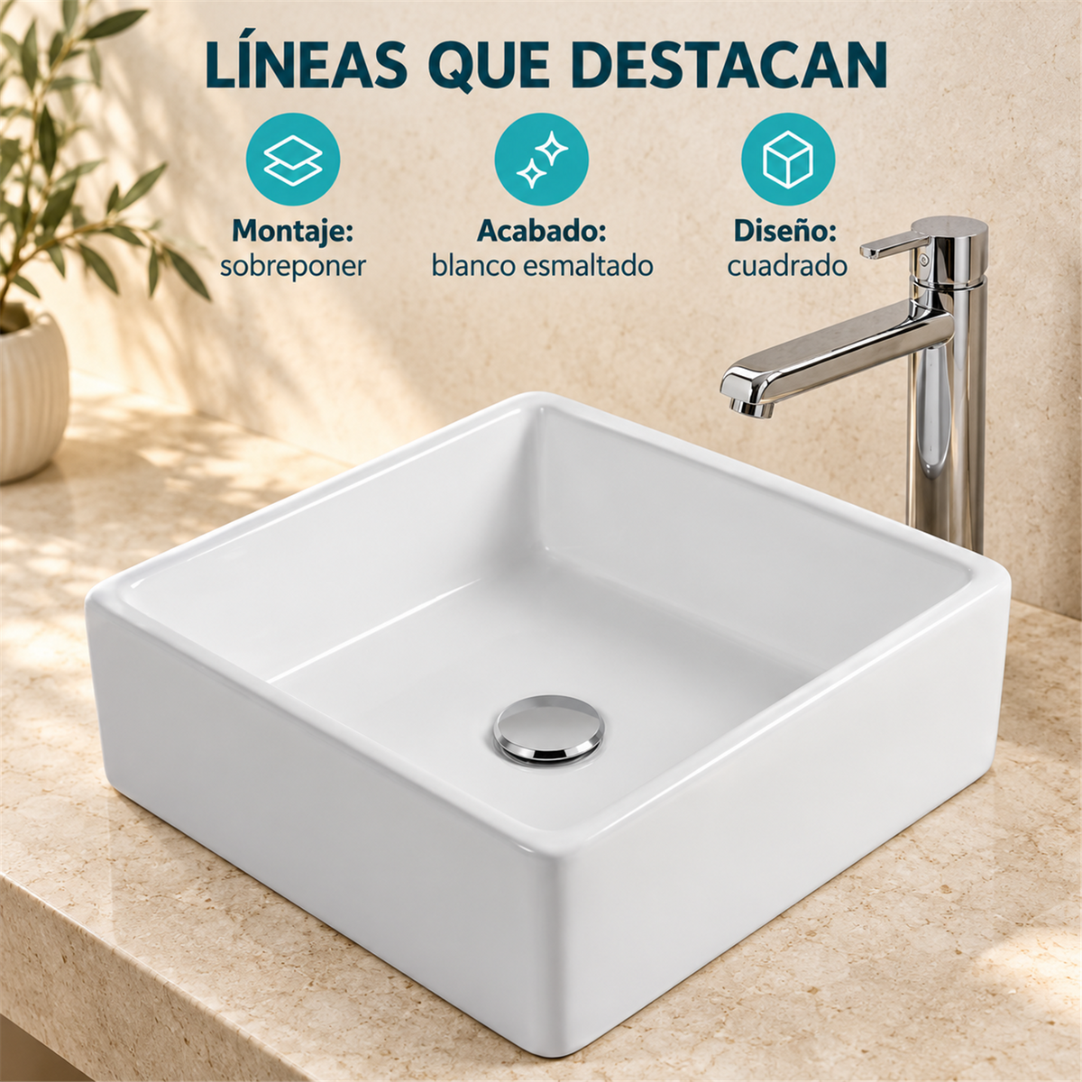 Características del lavamanos 7098: montaje de sobreponer, blanco esmaltado y diseño verificado. Accesorios no incluidos.