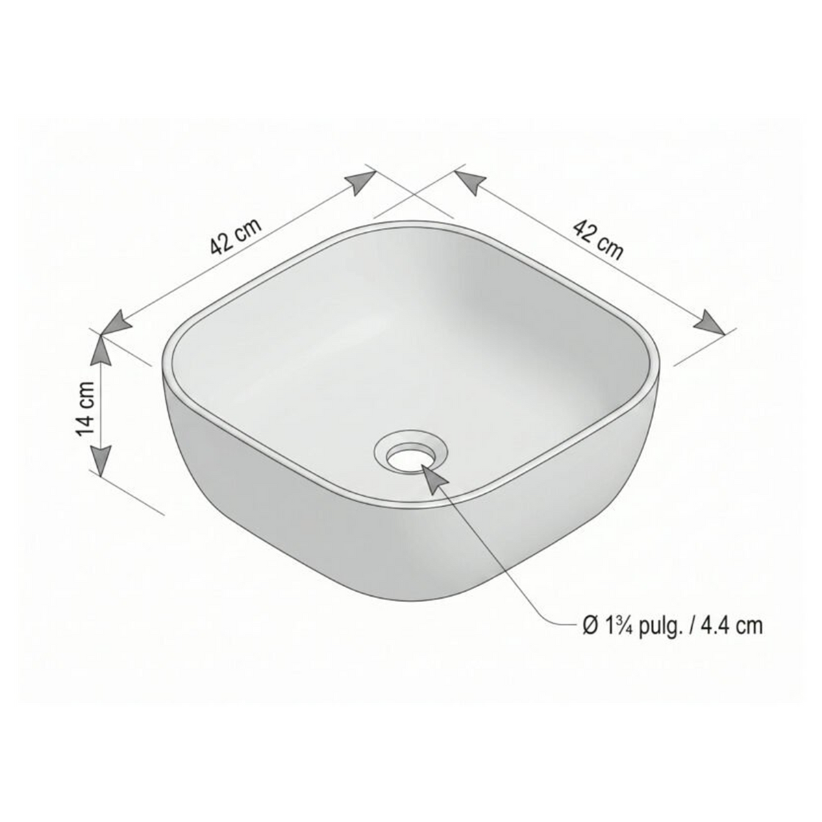 Croquis original SMART 78106, medidas 42 × 42 × 14 cm, orificio Ø1¾ pulg./4,4 cm.