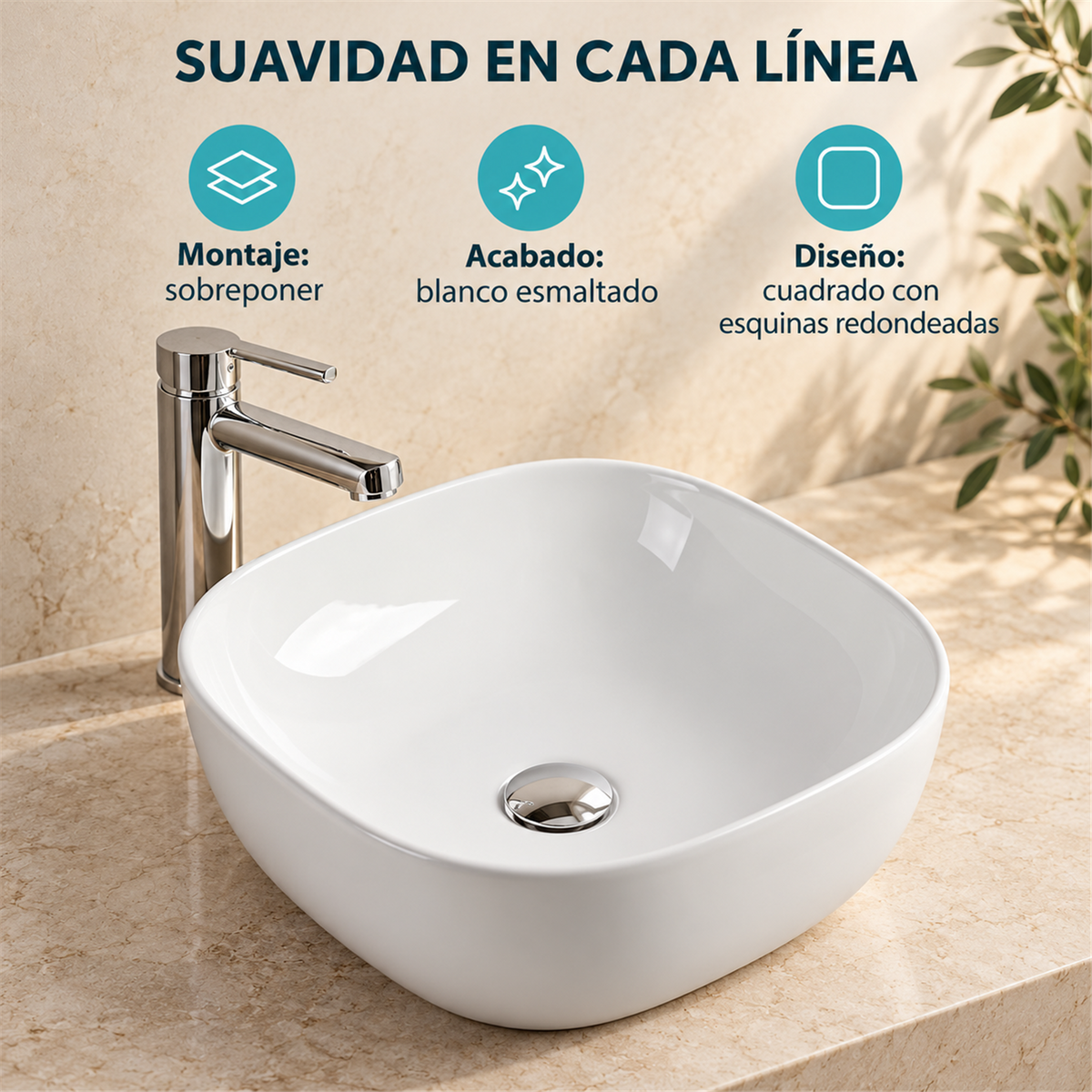 Características del lavamanos 78106: montaje de sobreponer, blanco esmaltado y diseño verificado. Accesorios no incluidos.