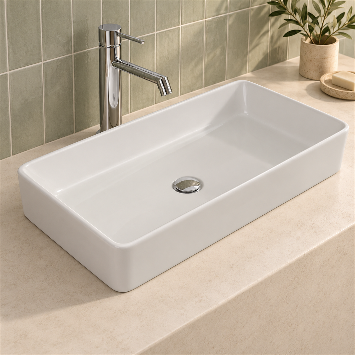 Lavamanos Cubik Blanco Esmaltado 61 × 35 cm: ambientación cercana. Grifería, desagüe y mueble no incluidos.